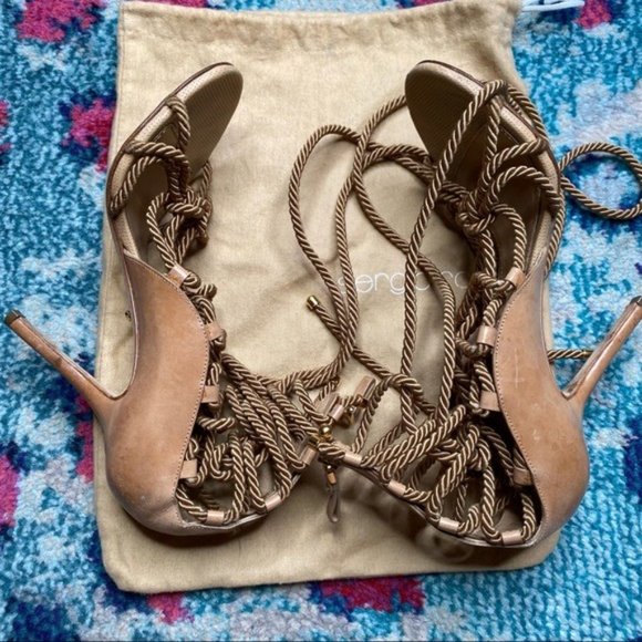 Sergio Rossi Opanca Lace Up Sandals in Beige - Picture 5 of 9